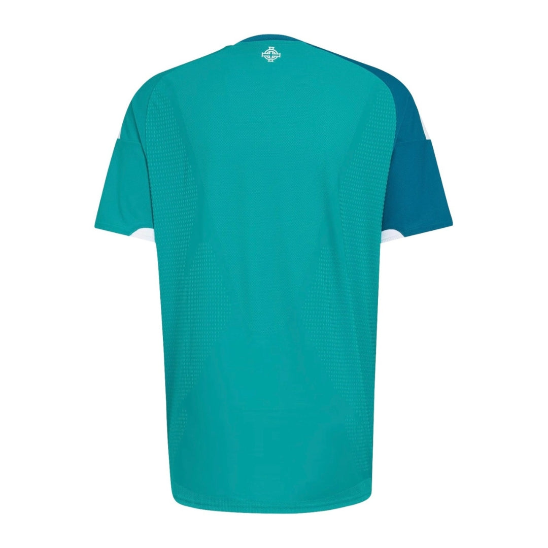 Camiseta fútbol Irlanda del Norte 2026 verde y azul, vista trasera, Reino del Futbol