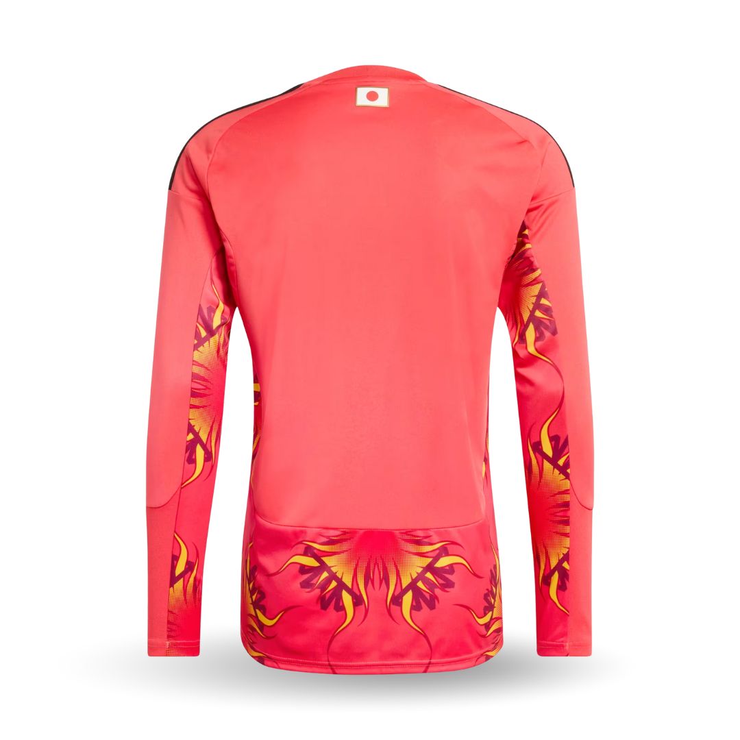 Camiseta de portero Japón 2026 color rojo con detalles de fuego, manga larga, Reino del Futbol.