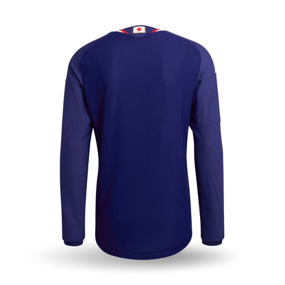 Camiseta Japón 2026 manga larga azul vista trasera, Reino del Futbol, fondo blanco.