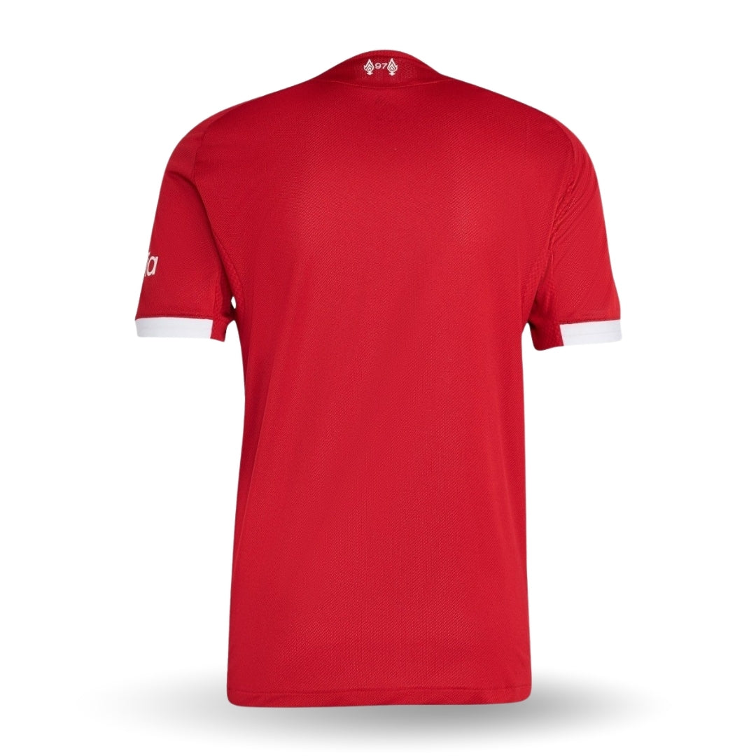 Camiseta Liverpool 2025 2026 local, color rojo, vista trasera, detalles blancos en mangas.