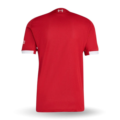 Camiseta Liverpool 2025 2026 local, color rojo, vista trasera, detalles blancos en mangas.