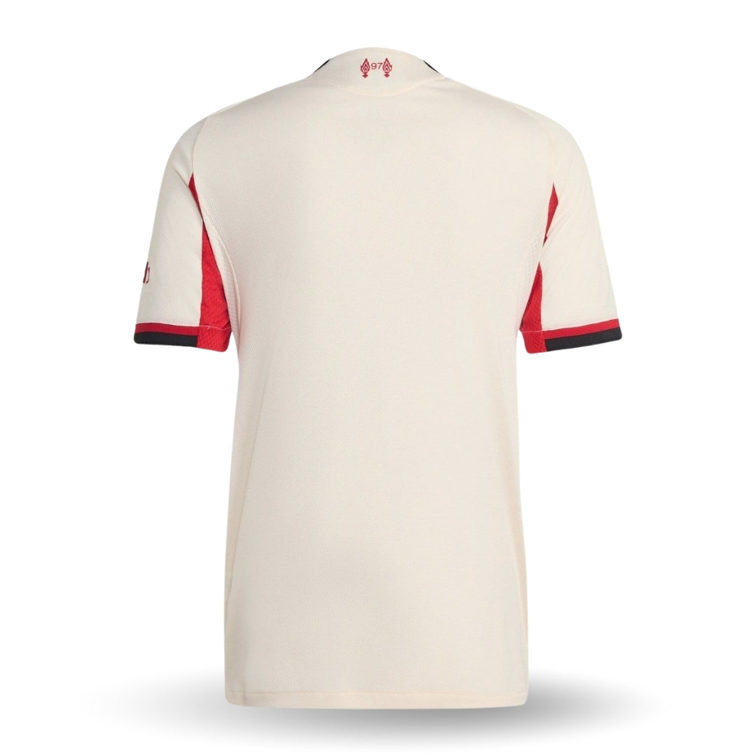 Camiseta de fútbol Liverpool away 2025-2026 blanca con detalles rojos y negros, vista trasera.