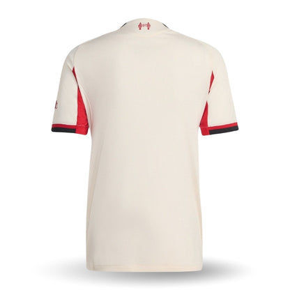 Camiseta de fútbol Liverpool away 2025-2026 blanca con detalles rojos y negros, vista trasera.