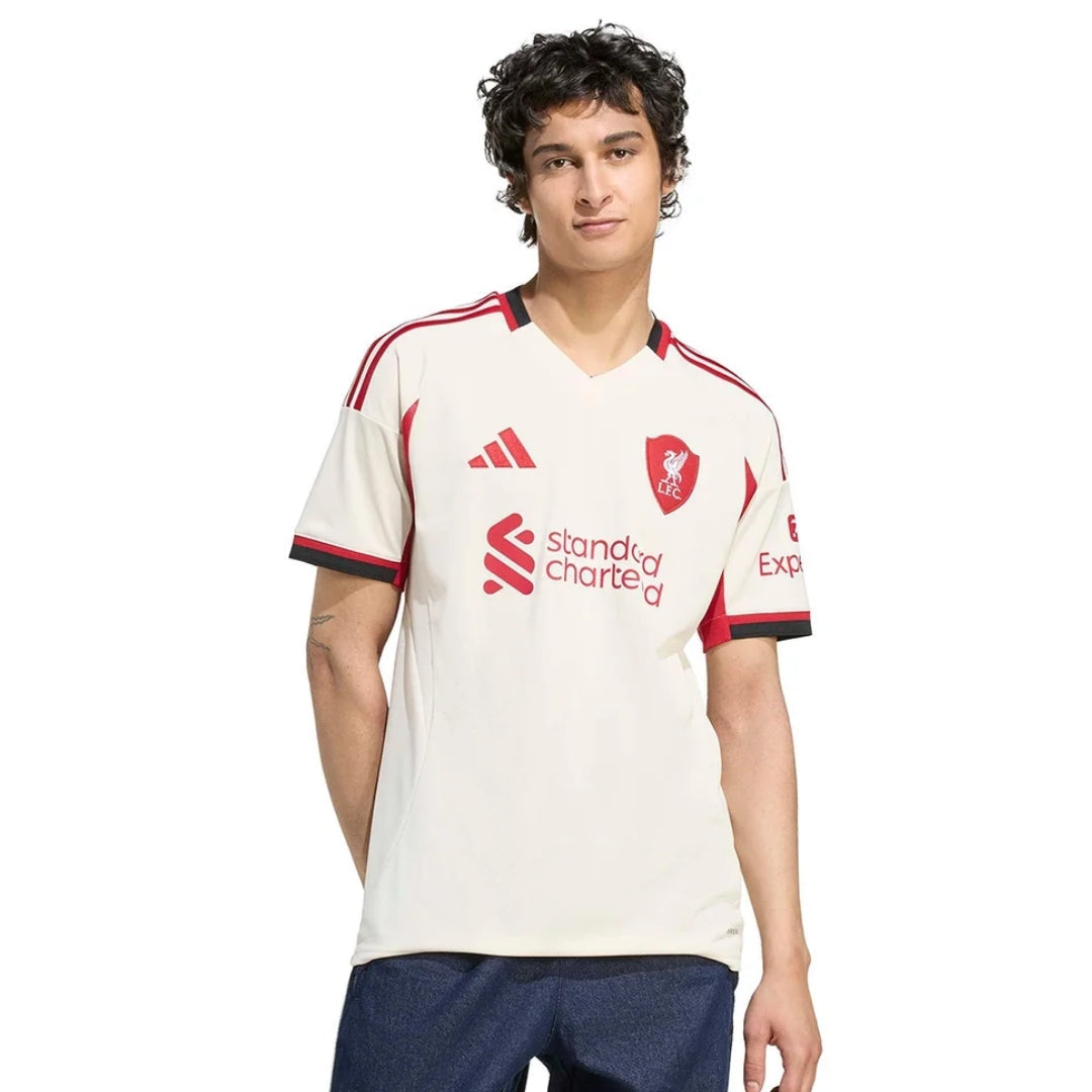 Camiseta Liverpool visitante 2025-2026 blanca con detalles rojos, Reino del Futbol