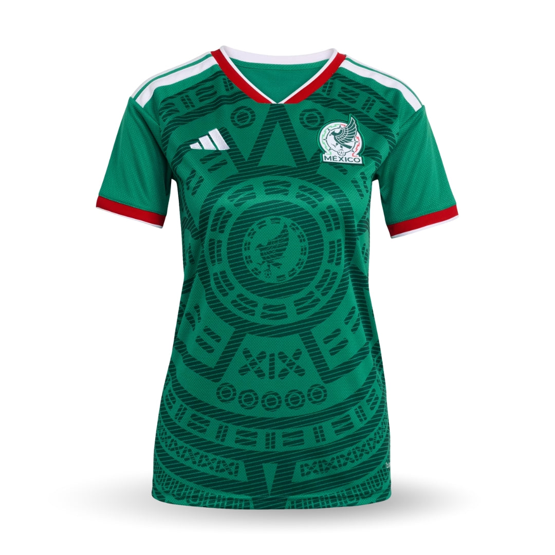 Jersey verde México 2026 para mujer con diseño azteca y escudo nacional, Reino del Futbol