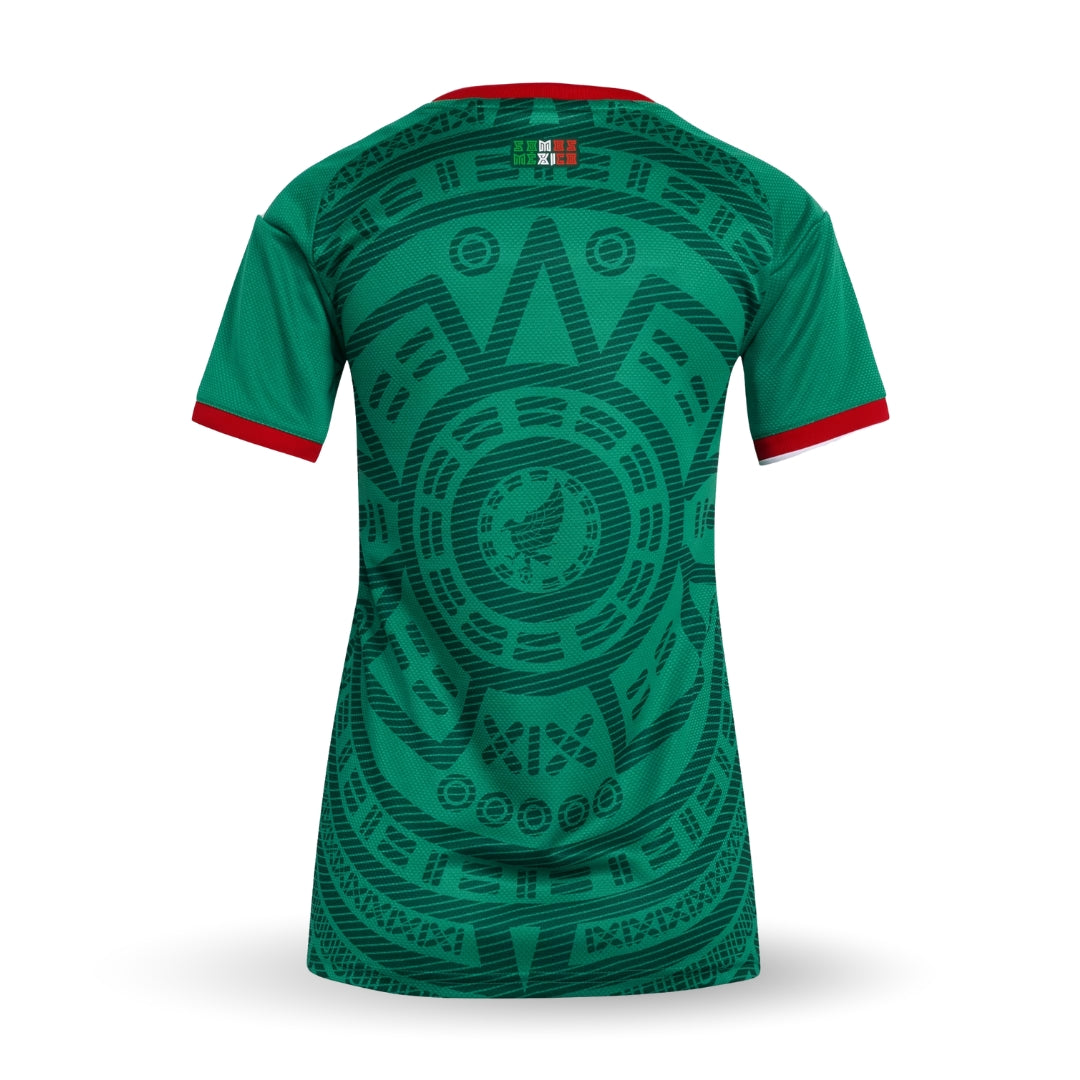 Jersey verde mundial 2026 mujer con diseño azteca y detalles rojos, Reino del Futbol