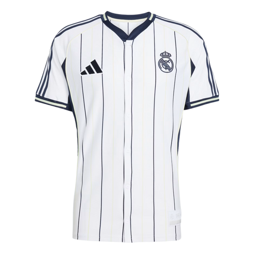 Camiseta de fútbol Real Madrid blanca con rayas negras, escudo y logo adidas, venta online Reino del Futbol.