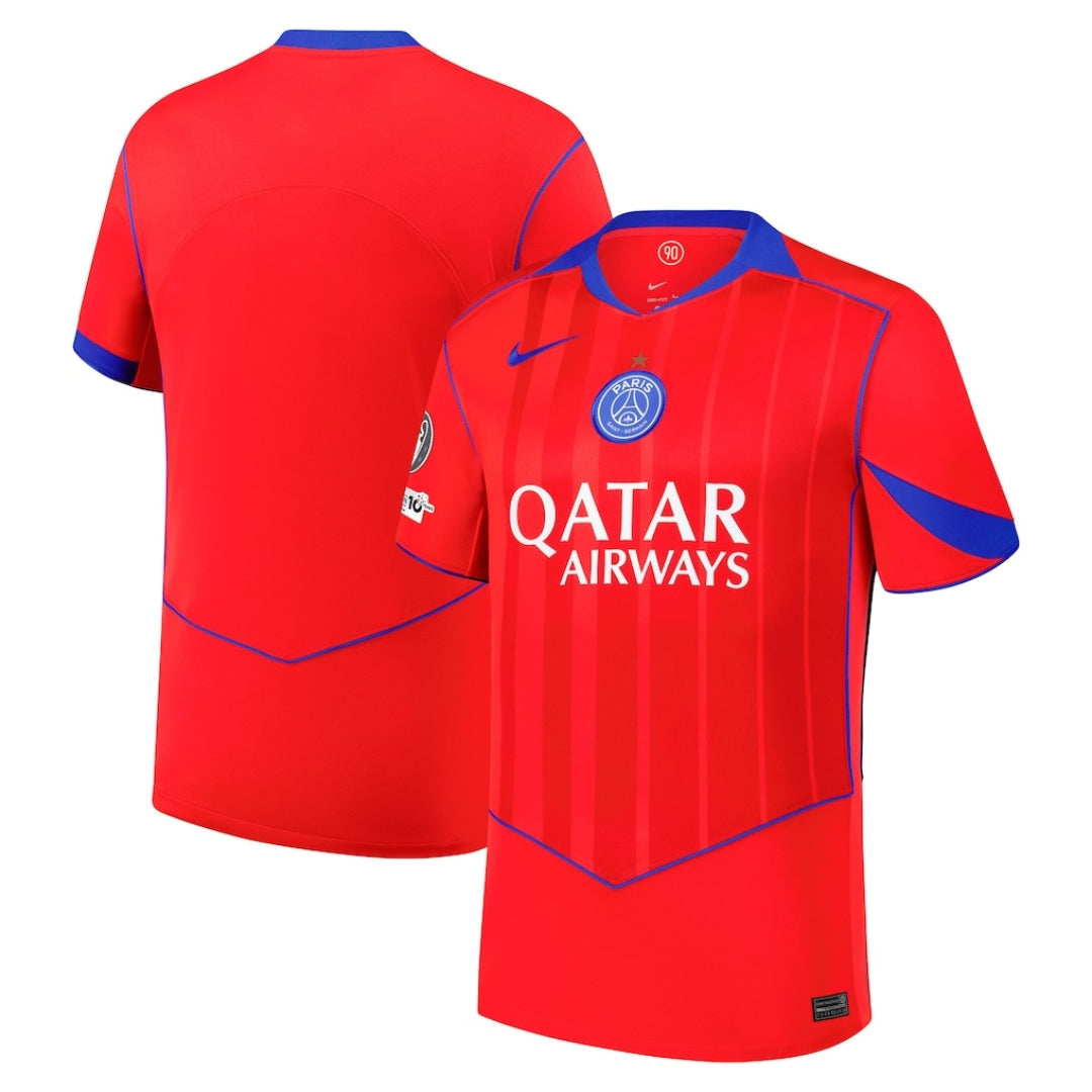 Camiseta PSG tercera equipación roja con detalles azules, exclusivo en Reino del Futbol.