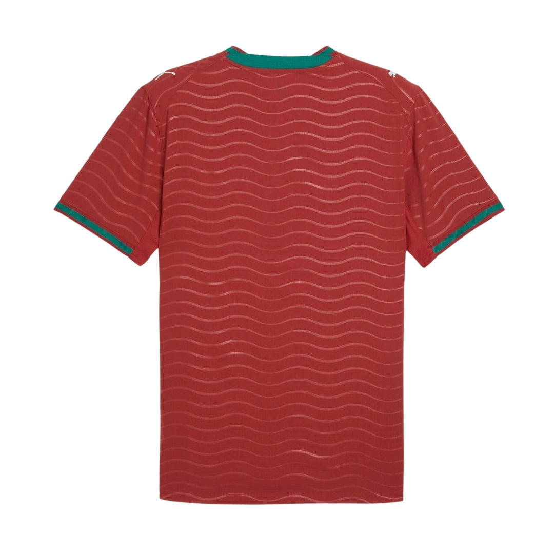 Camiseta roja Portugal 2026, ondas blancas, cuello verde, manga corta, Reino del Futbol