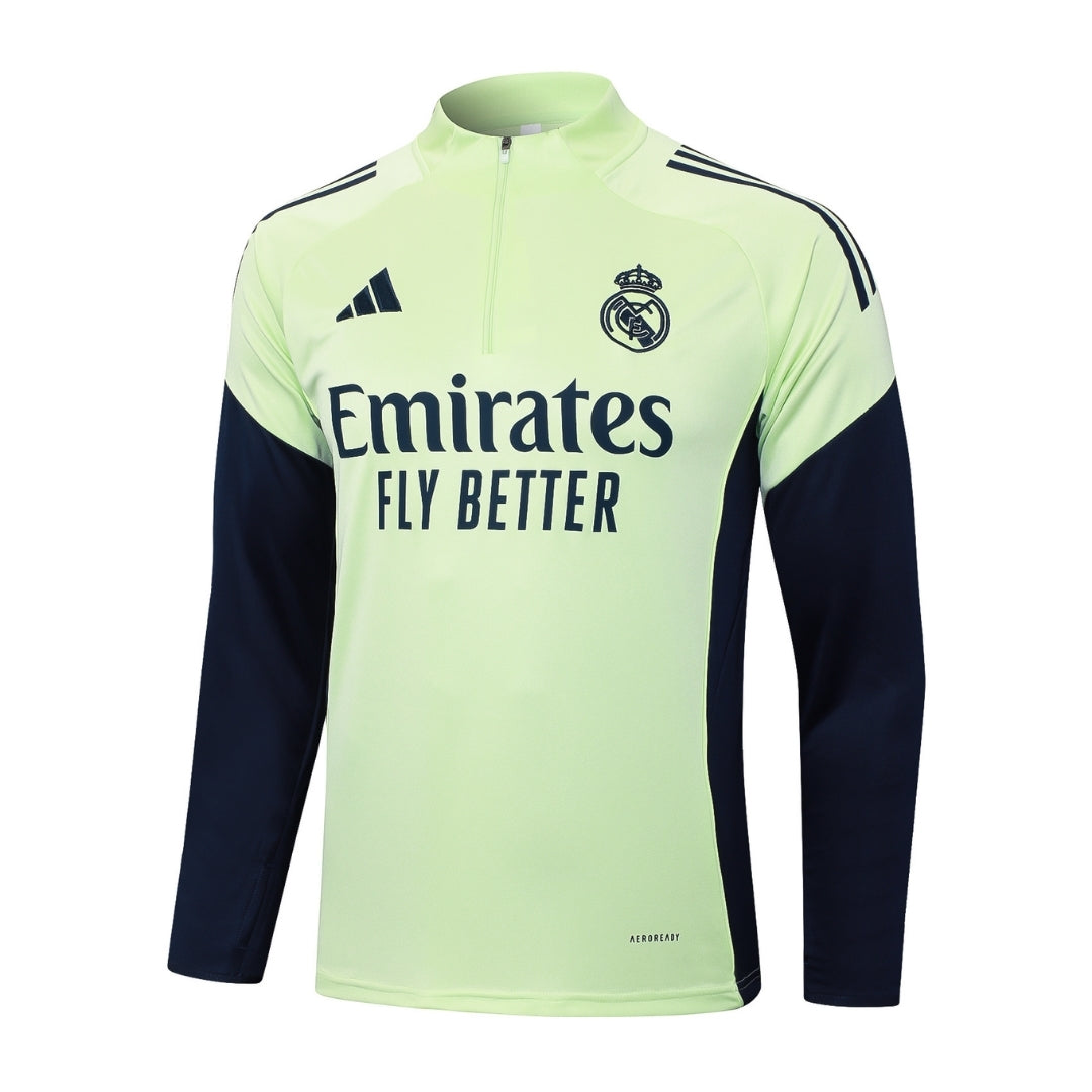 Chamarra entrenamiento Real Madrid verde y azul marino Adidas, logo y patrocinador visibles