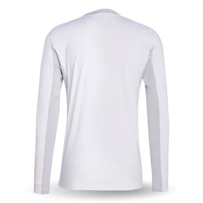 Vista trasera de camiseta blanca manga larga Real Madrid 2025-2026, Reino del Futbol