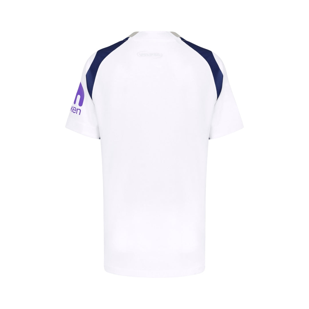 Camiseta Tottenham Hotspur local 2025-26 vista trasera, blanca con detalles azul marino, Reino del Futbol