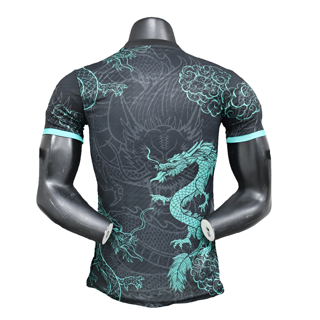 Camiseta de fútbol negra con diseño de dragón azul, estilo asiático, exclusiva Reino del Futbol