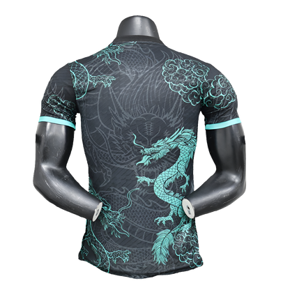 Camiseta de fútbol negra con diseño de dragón azul, estilo asiático, exclusiva Reino del Futbol