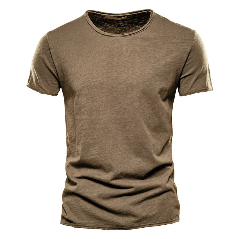 Camiseta masculina manga curta marrom camelo, gola redonda slim em algodão – estilo casual