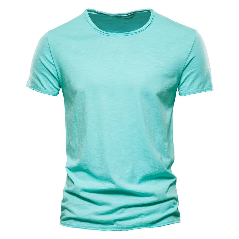 Camiseta masculina manga curta verde claro, gola redonda slim em algodão – estilo casual