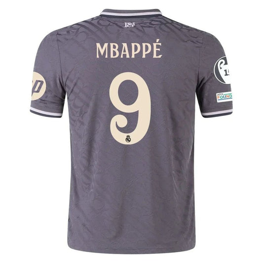 Camiseta tercera equipación Real Madrid 24/25 versión jugador, nombre Mbappé y número 9.