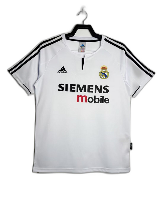 Camiseta Real Madrid 2003-2004 local retro, blanca, Adidas, Siemens Mobile, fútbol europeo.