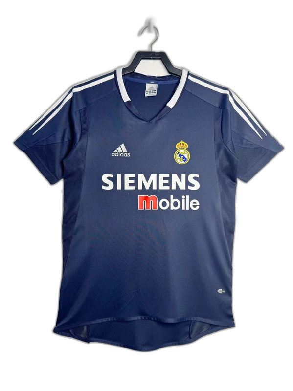 Camiseta retro Real Madrid 2004-05 visitante azul marino con logo Adidas y Siemens Mobile