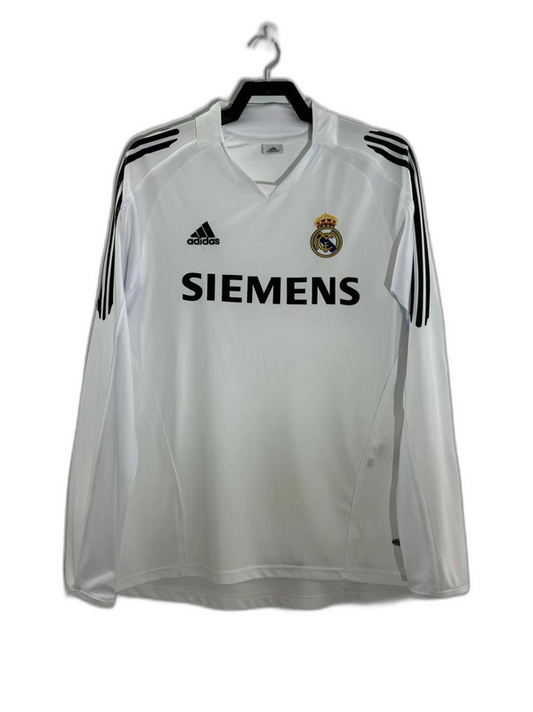 Camiseta Real Madrid 2005-06 manga larga adidas blanca, escudo y logo Siemens visibles
