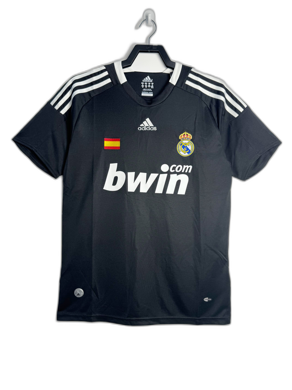 Camiseta retro Real Madrid 08/09 visitante negra con logo Adidas y escudo, exclusiva Reino del Futbol
