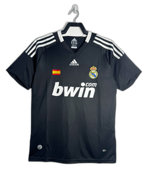 Camiseta retro Real Madrid 08/09 visitante negra con logo Adidas y escudo, exclusiva Reino del Futbol