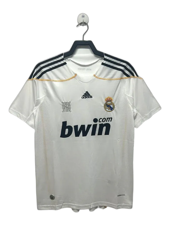 Camiseta Real Madrid 2009-2010 local retro, blanca con logos adidas y Bwin, exclusiva fútbol europeo