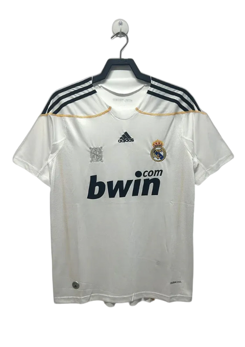 Camiseta Real Madrid 2009-2010 local retro, blanca con logos adidas y Bwin, exclusiva fútbol europeo