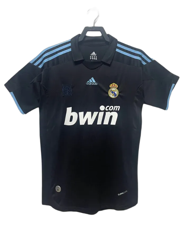 Camiseta retro Real Madrid 09/10 visitante negra Adidas, logo bwin, edición exclusiva Reino del Futbol