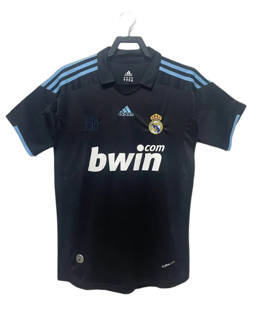 Camiseta retro Real Madrid 09/10 visitante negra Adidas, logo bwin, edición exclusiva Reino del Futbol