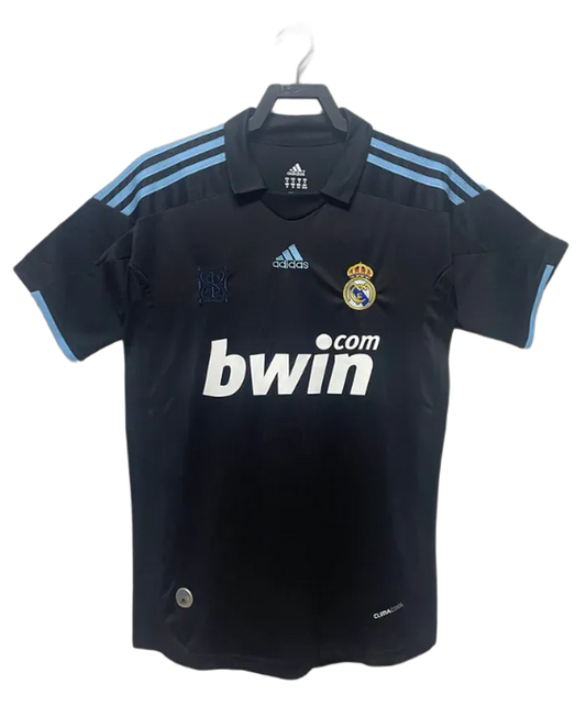 Camiseta retro Real Madrid 09/10 visitante negra Adidas, logo bwin, edición exclusiva Reino del Futbol