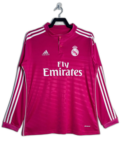 Camiseta Real Madrid rosa 14/15 manga larga retro, logo Adidas y Fly Emirates, Reino del Futbol