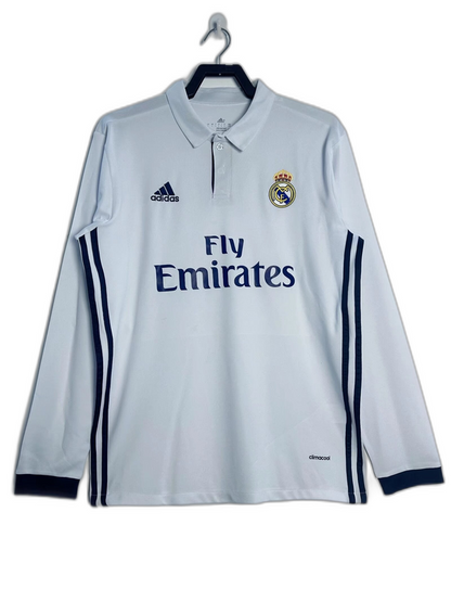 Camiseta Real Madrid 2016-17 manga larga blanca, escudo, Adidas y Fly Emirates, exclusiva Reino del Futbol