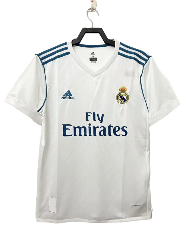 Camiseta Real Madrid 2017-2018 local retro blanca con logo adidas y Fly Emirates, exclusiva Reino del Futbol
