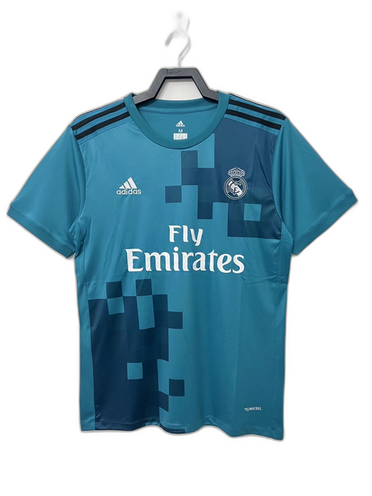 Camiseta Real Madrid 17/18 tercera equipación retro azul, logo Adidas y Fly Emirates, Reino del Futbol