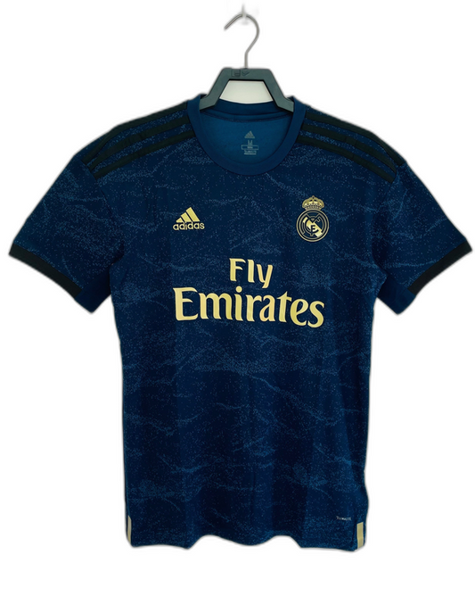 Camiseta Real Madrid 19/20 visitante azul retro, logo adidas y Fly Emirates, venta online Reino del Futbol.