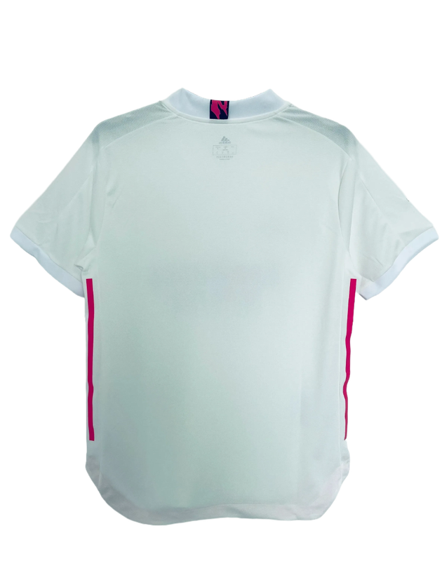 Camiseta retro Real Madrid 2021 blanca, vista trasera, detalles rosa, Reino del Futbol