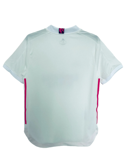 Camiseta retro Real Madrid 2021 blanca, vista trasera, detalles rosa, Reino del Futbol