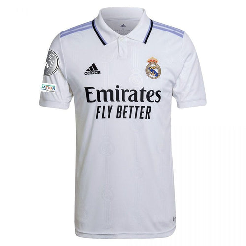 Camiseta Real Madrid 2022/23 local, blanca, logo adidas, escudo, patrocinador Emirates