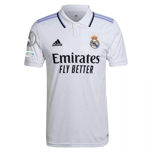 Camiseta Real Madrid 2022/23 local, blanca, logo adidas, escudo, patrocinador Emirates