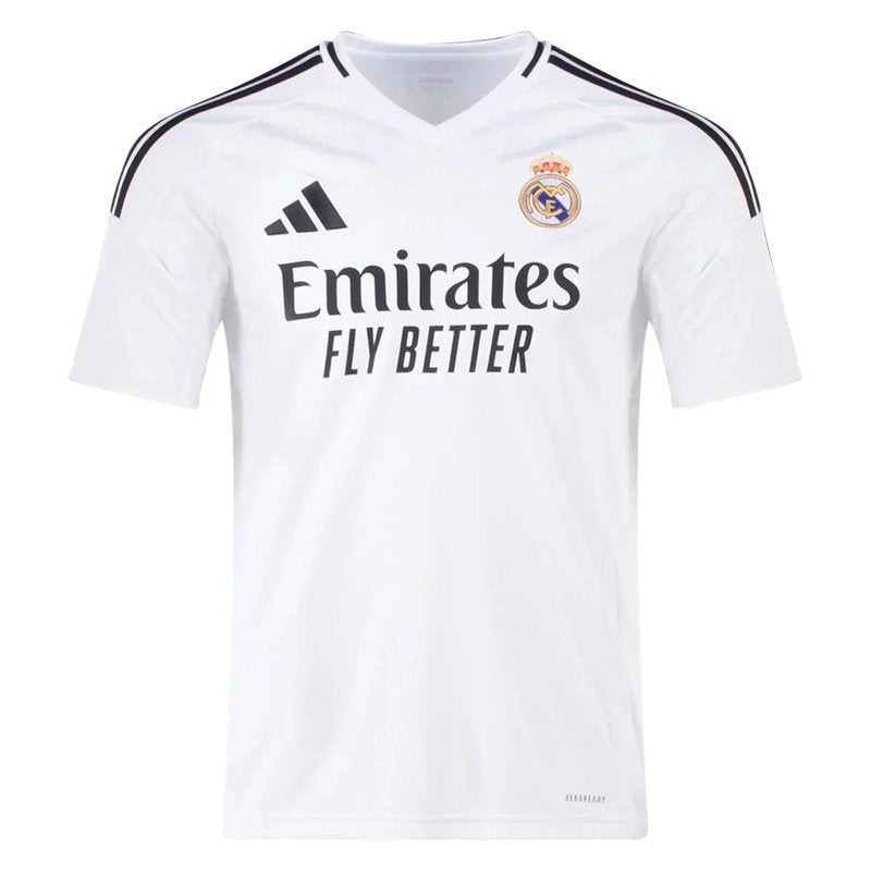 Camiseta Real Madrid 2024-2025 blanca, versión aficionado, logo Adidas y escudo, Reino del Futbol