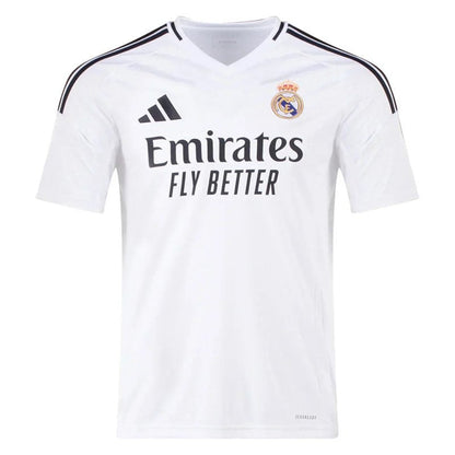Camiseta Real Madrid 2024-2025 blanca, versión aficionado, logo Adidas y escudo, Reino del Futbol