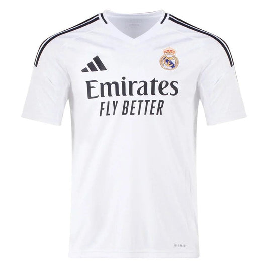 Camiseta Real Madrid 2024-2025 blanca, versión aficionado, logo Adidas y escudo, Reino del Futbol