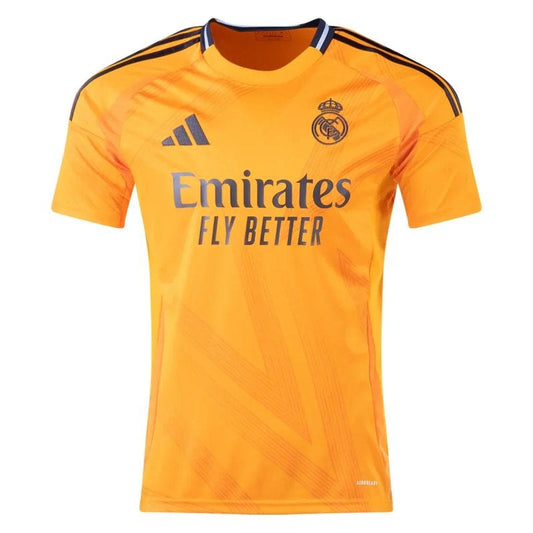 Camiseta Real Madrid 24/25 segunda equipación naranja, logo adidas y patrocinador Emirates, Reino del Fútbol