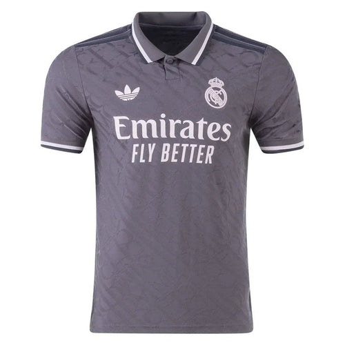 Camiseta Real Madrid 2024-25 tercera equipación gris, versión jugador, con logo y patrocinador.