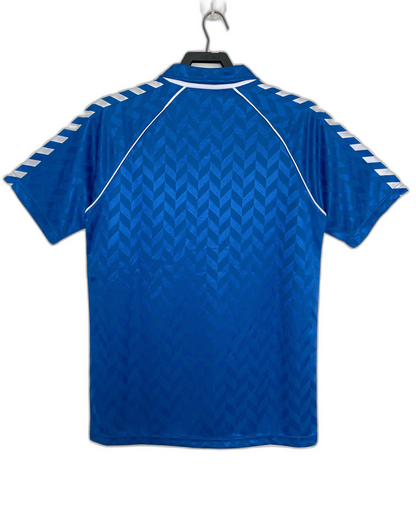 Camiseta retro azul Real Madrid 86-87, manga corta, rayas blancas, fútbol europeo