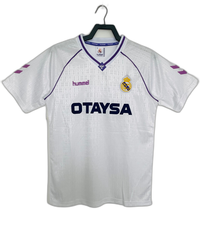 Camiseta retro Real Madrid 1990-92 blanca con logos Hummel y OTAYSA, disponible en Reino del Futbol
