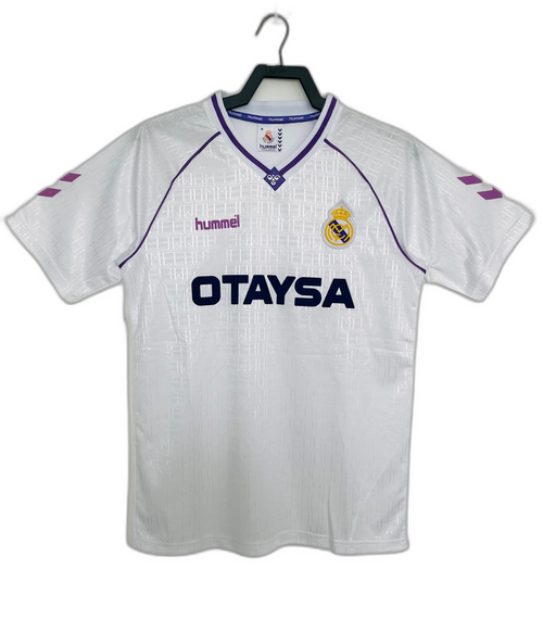 Camiseta retro Real Madrid 1990-92 blanca con logos Hummel y OTAYSA, disponible en Reino del Futbol