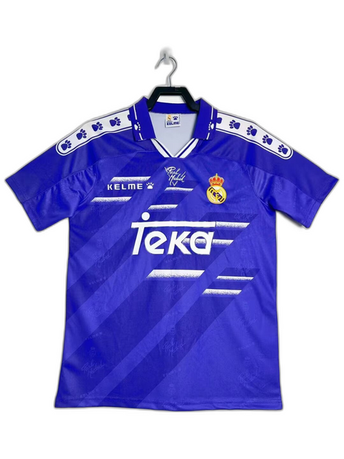 Camiseta retro Real Madrid 94-96 azul, logo Kelme, escudo bordado y patrocinador Teka.