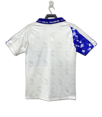 Camiseta retro Real Madrid 96-97 blanca con detalles azules, edición especial futbol europeo